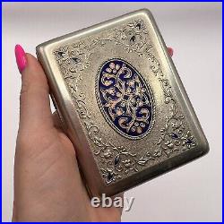 1956 Vintage Soviet USSR Steel Nikel Cigarette Case Blue Enamel Marked