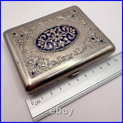 1956 Vintage Soviet USSR Steel Nikel Cigarette Case Blue Enamel Marked