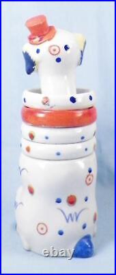 Calico Clown Dog Cigarette Jar & Ashtray Set Ruff Pottery Smoking Japan Vintage