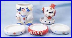 Calico Clown Dog Cigarette Jar & Ashtray Set Ruff Pottery Smoking Japan Vintage