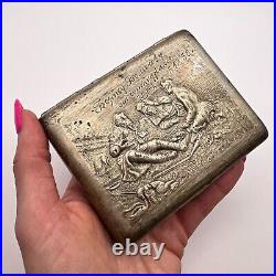 Cigarette Case Holder Vintage Of Nikel Handmade Ussr 1950s Hunters Sculpture Art