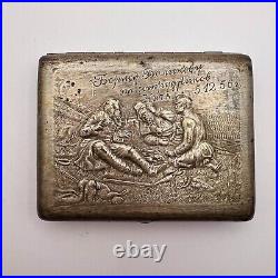 Cigarette Case Holder Vintage Of Nikel Handmade Ussr 1950s Hunters Sculpture Art