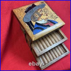 French wooden cigarette storage box Wood Inlay Signed Han Llan vintage dispenser