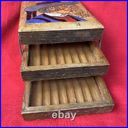 French wooden cigarette storage box Wood Inlay Signed Han Llan vintage dispenser