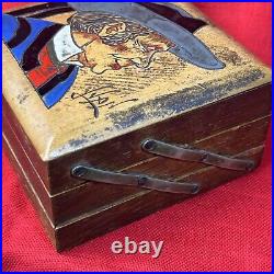 French wooden cigarette storage box Wood Inlay Signed Han Llan vintage dispenser