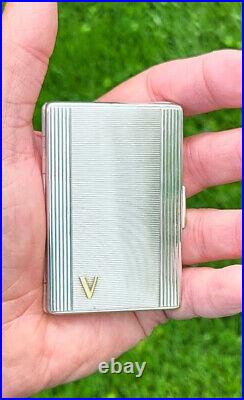 Handsome MCM'60s German Mini Box Form 830 Silver Stash Pill Case w 14K Gold V