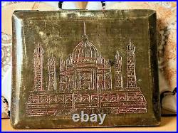 Old Vintage Rare Hand Carved Meena Work Taj Mahal Both Side Brass Cigarette Case