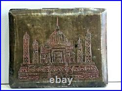 Old Vintage Rare Hand Carved Meena Work Taj Mahal Both Side Brass Cigarette Case