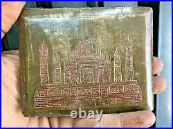 Old Vintage Rare Hand Carved Meena Work Taj Mahal Both Side Brass Cigarette Case