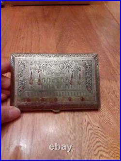 Old Vtg Silver metal Hand Carved Brass Cigarette Case 5 W