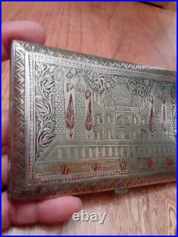 Old Vtg Silver metal Hand Carved Brass Cigarette Case 5 W