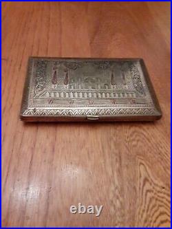 Old Vtg Silver metal Hand Carved Brass Cigarette Case 5 W