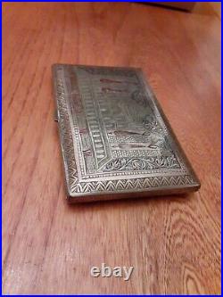 Old Vtg Silver metal Hand Carved Brass Cigarette Case 5 W