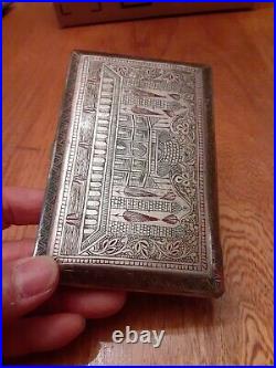 Old Vtg Silver metal Hand Carved Brass Cigarette Case 5 W