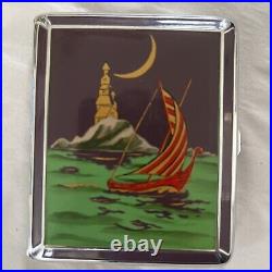 RARE VTG Cigarette Case E. A. M Red/Gold, Sailboat, Lighthouse & Moon Enamel