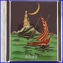 RARE VTG Cigarette Case E. A. M Red/Gold, Sailboat, Lighthouse & Moon Enamel