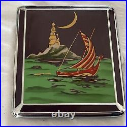 RARE VTG Cigarette Case E. A. M Red/Gold, Sailboat, Lighthouse & Moon Enamel