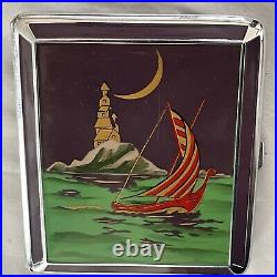 RARE VTG Cigarette Case E. A. M Red/Gold, Sailboat, Lighthouse & Moon Enamel