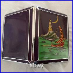 RARE VTG Cigarette Case E. A. M Red/Gold, Sailboat, Lighthouse & Moon Enamel