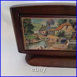 RARE Vintage Cigarette Holder Dispenser Box Wood Swivels Open Country Scene