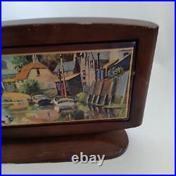 RARE Vintage Cigarette Holder Dispenser Box Wood Swivels Open Country Scene