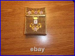 Rare Vintage Cigarette Case Gold Chain Maille with Metal Cloisonne Flowers