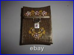 Rare Vintage Cigarette Case Gold Chain Maille with Metal Cloisonne Flowers