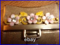 Rare Vintage Cigarette Case Gold Chain Maille with Metal Cloisonne Flowers