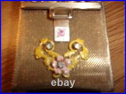 Rare Vintage Cigarette Case Gold Chain Maille with Metal Cloisonne Flowers