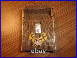 Rare Vintage Cigarette Case Gold Chain Maille with Metal Cloisonne Flowers