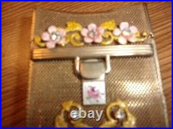 Rare Vintage Cigarette Case Gold Chain Maille with Metal Cloisonne Flowers