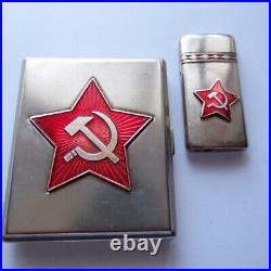 Russian Soviet Enamel Metal Cigarette Case and Lighter Vintage Collectible Set