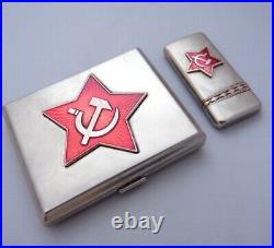 Russian Soviet Enamel Metal Cigarette Case and Lighter Vintage Collectible Set