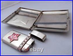 Russian Soviet Enamel Metal Cigarette Case and Lighter Vintage Collectible Set