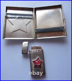 Russian Soviet Enamel Metal Cigarette Case and Lighter Vintage Collectible Set