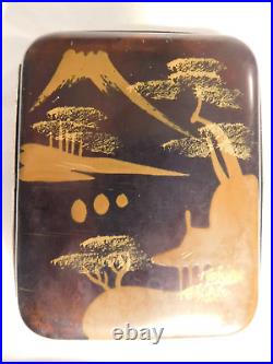 Small Vintage Japanese Lacquer Cigarette Case with Gold Paint Mountain Scene