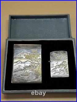 VTG Japanese 950 Sterling Silver Cigarette & Lighter Case Mount Fuji Landscape