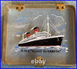 Very Rare Vintage Cunard Line RMS Queen Elizabeth Brass & Lucite Cigarette Case