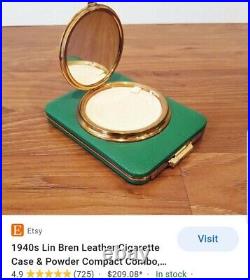 Vintage 1940s Lin Bren Blue Leather Cigarette Case Powder Compact Antique RARE