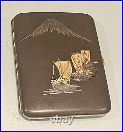 Vintage Antique Japanese Shakudo Style 24K Inlay Sea Ships Cigarette Case Case