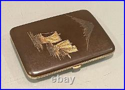 Vintage Antique Japanese Shakudo Style 24K Inlay Sea Ships Cigarette Case Case