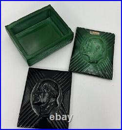 Vintage Art Deco Lenin Cigarette Box Green Malachite Glass And black Glass Lids