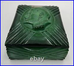 Vintage Art Deco Lenin Cigarette Box Green Malachite Glass And black Glass Lids