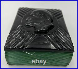 Vintage Art Deco Lenin Cigarette Box Green Malachite Glass And black Glass Lids