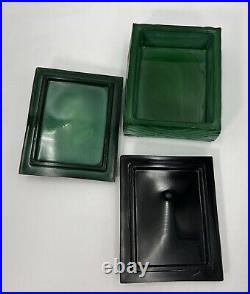 Vintage Art Deco Lenin Cigarette Box Green Malachite Glass And black Glass Lids