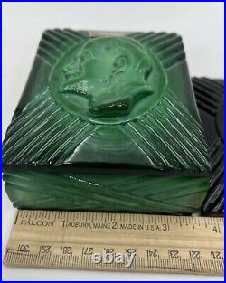 Vintage Art Deco Lenin Cigarette Box Green Malachite Glass And black Glass Lids