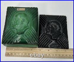 Vintage Art Deco Lenin Cigarette Box Green Malachite Glass And black Glass Lids