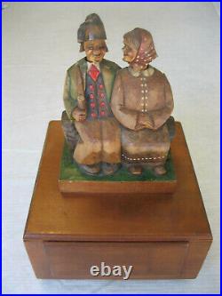 Vintage Carved Wood Wooden Couple Mechanical Music Cigarette Dispenser Box