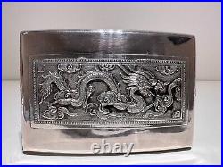 Vintage China Hand Made Silver Plated Cigarettes Case Box With Silver Dragon