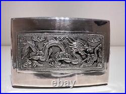 Vintage China Hand Made Silver Plated Cigarettes Case Box With Silver Dragon